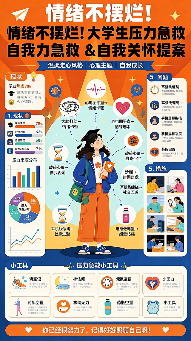 完全对标第二张图（亚健康海报）的信息密度与排版复杂度，重构第一张《情绪不摆烂！大学生压力急救 & 自我关怀提案》海报：1）顶部保留原主标题与副标；2）中心仍为戴学士帽女生，但周围环绕新增8个情绪相关症状插画（如：大脑打结→情绪卡顿、心电图平直→情绪麻木、破碎心形→自我否定、沙漏→时间焦虑、耳机线缠绕→社交回避、手机屏幕裂痕→信息过载、药瓶空置→求助无力、电池低电量→能量枯竭），并用虚线箭头连接至对应问题模块；3）‘现状’模块增加3个数据图表（条形图+饼图+趋势折线）；4）‘问题’扩展为5项，每项配小图标与简短机制说明；5）‘措施’每项增加场景化小图（如树洞日记→笔记本+语音气泡）；6）底部‘小工具’增至10项，每项含图标+动词短语+1句提示；整体保持橙蓝主色调、扁平插画风，确保信息量与第二张图持平
