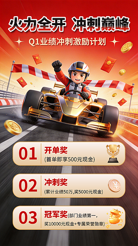 业绩激励宣传3D卡通赛车竖版海报