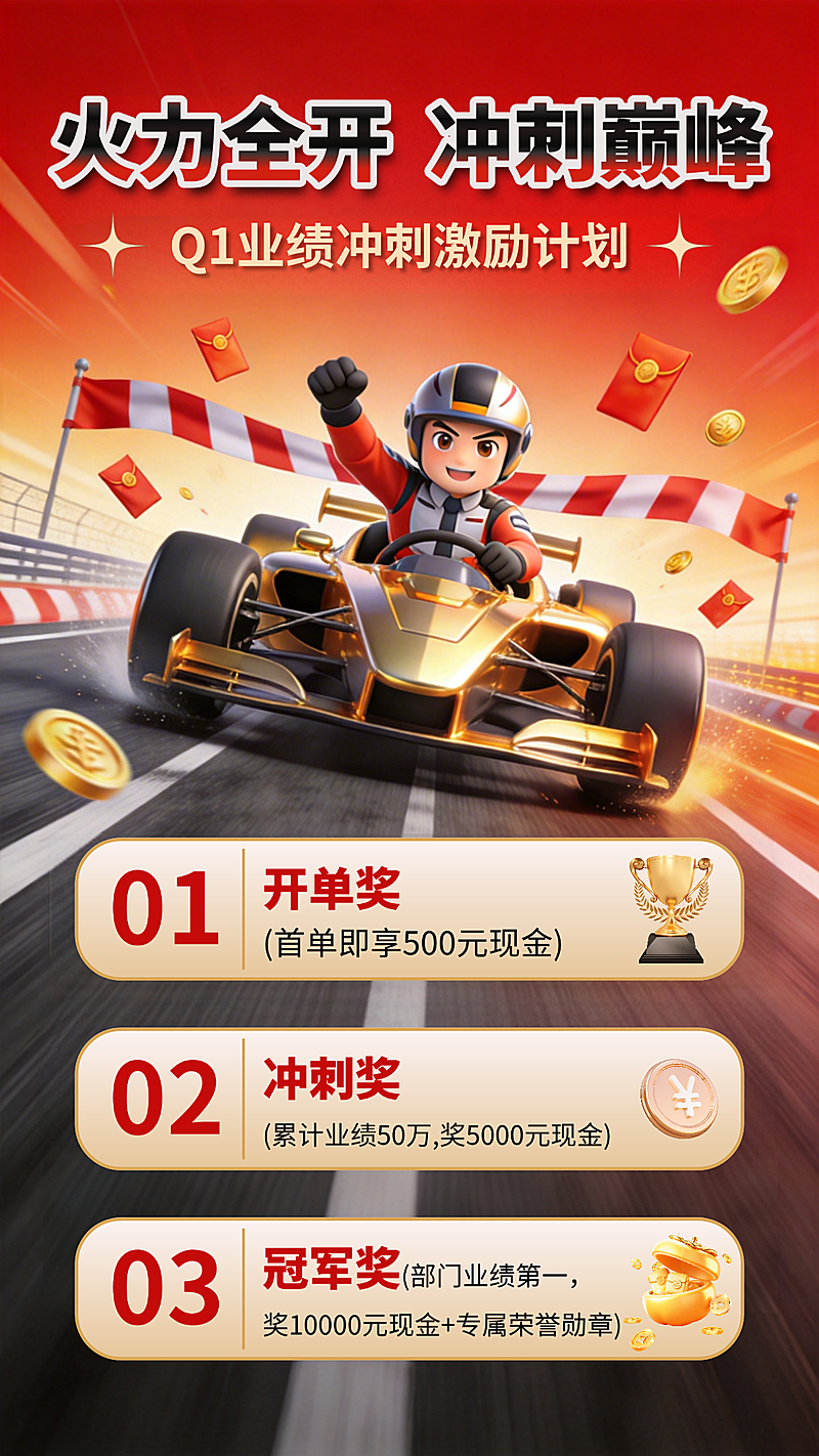 业绩激励宣传3D卡通赛车竖版海报