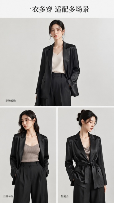 [第5屏] 搭配灵感页-三种风格穿搭展示。本屏使用西装【图1】搭配裤子【图6】，要求生成三套同一件西装的不同穿搭。
[氛围/风格] 简约画报风，三张穿搭图组合，展示不同场合搭配可能性，高级静谧。
[元预览效果