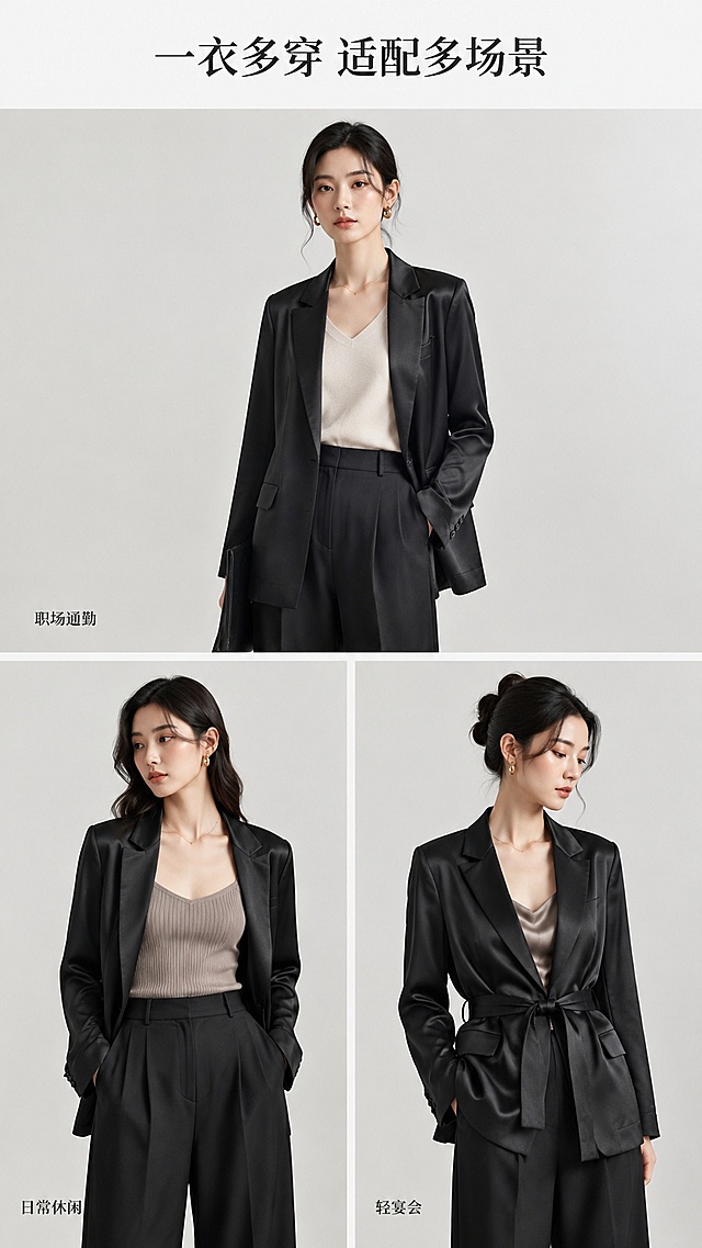 [第5屏] 搭配灵感页-三种风格穿搭展示。本屏使用西装【图1】搭配裤子【图6】，要求生成三套同一件西装的不同穿搭。
[氛围/风格] 简约画报风，三张穿搭图组合，展示不同场合搭配可能性，高级静谧。
[元素布局] 页面分三宫格排列，每张图展示一种搭配：上格为职场通勤风：西装+阔腿裤+极简内搭；左下格为日常休闲风：敞开西装+针织吊带+同料阔腿裤；右下格为轻宴会风：系上飘带+缎面内搭，姿态各不同。西装版型、颜色、材质均保持与原图一致，每张图背景为极简浅灰背景，保持统一高级感。
[光影质感] 每张图都采用影棚柔光，均匀打光，低对比度，细节清晰，整体统一柔和。
[配色色系] 全局底色 #f8f8f8；主色黑色西装；每套穿搭内搭使用低饱和莫兰迪色系，整体和谐统一。
[视角构图] 三宫格拼图构图，每张都为半身穿搭展示，比例均衡，页面饱满不拥挤。
[文字版式] 页面顶部标题「一衣多穿 适配多场景」，每个小图角落标注对应场景名，字体小巧不抢主体，清晰易读。
[比例分辨率] 9:16竖版比例，4K分辨率，文字清晰可辨，高清画质。
[负向提示词] 变形，水印，文字错乱，文字过小，缺件错件，结构错误，颜色偏差，产品图模糊，背景杂乱，西装版型不一致。