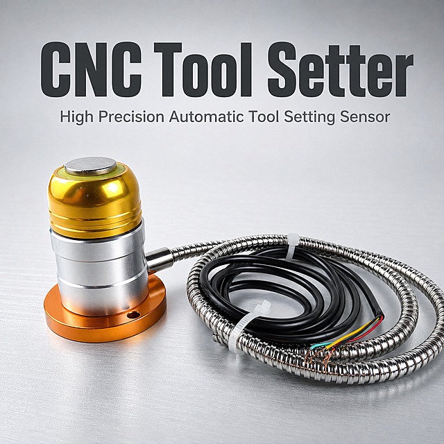 [主图-1] 主题：CNC Tool Setter，以产品名称大字标题为核心，展示数控对刀仪产品的专业工业感。
[统一基调] 阿里国际站跨境五金器械主图，1:1方图，浅灰工业背景，整体冷灰+金属银+橙色点缀的配色系统；主标题用超粗无衬线英文字体，深灰色，字号极大占据画面上方核心区域；辅助文字用中等字号无衬线体，浅灰色；产品精修干净，金属高光锐利，无脏污划痕，商业棚拍质感。
[画面] 产品主体位于画面中下部，前侧45度视角，完整展示金色顶部、银色主体、橙色底座及金属波纹管线缆，产品占画面约55%；产品下方有自然接触阴影，稳稳放置在浅灰色工业台面上；画面上方留出充足负空间放置超大标题文字，标题不遮挡产品主体。
[光影质感] 专业商业棚拍光，5500K中性白光，主光从左上45度打下，金属表面形成清晰高光条带，明暗层次分明，体积感强，整体画面明亮通透，无暗角死黑。
[配色] 背景：浅冷灰色渐变；主标题文字：深炭灰色；产品：金色+银色+橙色（保持原图产品颜色）；点缀色：产品本身的橙色底座。
[文字版式] 画面顶部居中放置超大号粗体英文主标题 "CNC Tool Setter"，字号极大，字重超粗，横向占画面宽度约75%，清晰醒目；标题下方可加一行小号辅助说明文字 "High Precision Automatic Tool Setting Sensor"，字号约为主标题的20%；所有文字横排左对齐或居中，不使用手写体，不做透视变形。
[输出要求] 800x800像素，1:1比例，文字清晰锐利可读，产品细节清晰，金属质感真实；禁止出现中文、水印、平台Logo、边框装饰、错字、模糊、产品变形、悬浮穿模。