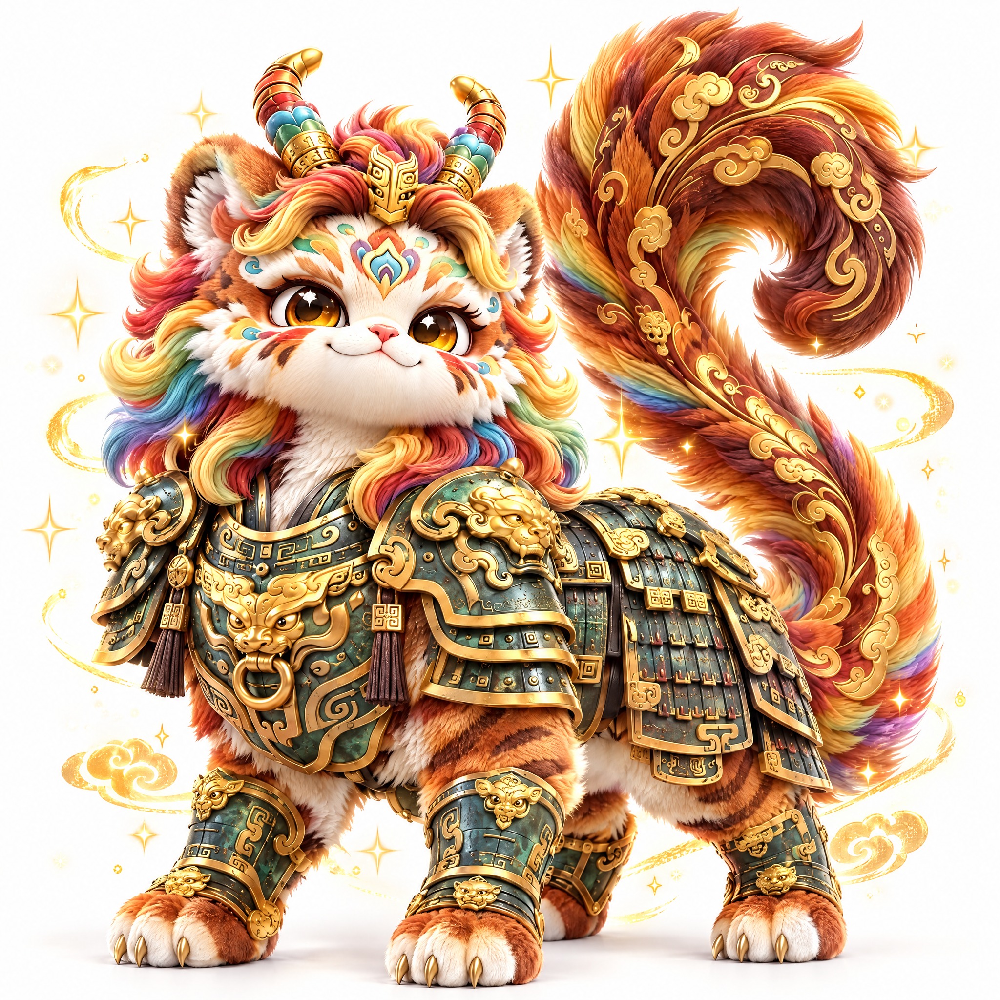 参考图中的五彩虎形小神兽（彩色鬃毛、双角、青铜金色铠甲、金色云… - 图片创意预览