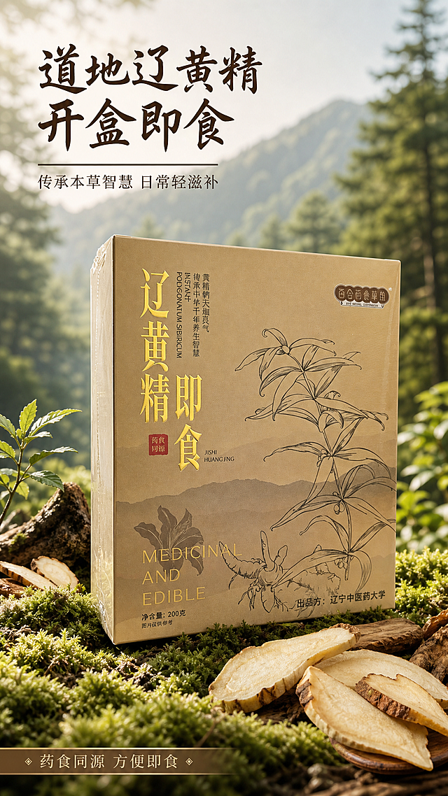 [第1屏] 详情页头图-辽黄精·即食滋补产品宣传海报。
[氛围/风格] 自然国风氛围，山林原始绿意背景，温润高级质感，商业摄影质感，整体大气通透。
[元素布局] 本屏使用【图1】作为商品主体，辽黄精包装盒放置在画面中下区域，占据画面65%-70%主体大小。保持包装盒的物理结构、材质质感、颜色、包装文字与输入产品图一致。背景为虚化的山林森林绿意，前景点缀新鲜黄精原药材切片和苔藓，增加自然层次感，整体无边框满铺。
[光影质感] 上方柔和自然光做主光，从左上方打亮包装盒，下方形成自然投影，保留包装盒烫金文字的光泽感，整体明暗层次清晰，产品清晰真实。
[配色色系] 全局底色：#F5F0E1（浅米棕）；主体配色：#D4B889（包装盒卡其色）+#D4AF37（烫金文字）+#224620（深绿背景）；辅助色：#8FBC8F（苔藓绿色）+#1C1C1C（深棕色文字）。
[视角构图] 正面平视视角，包装盒位于画面中下偏右，左上区域预留标题位置，景深适中，背景虚化突出主体产品，阅读动线从上到下。
[文字版式] 版式为左上标题+右下产品+底部信息条。主标题「道地辽黄精 开盒即食」，深棕色字体，左对齐，字号为画面宽度8%-10%，不超过顶部区域高度25%；副标题「传承本草智慧 日常轻滋补」，深棕色，字号约主标题40%。主标题使用与包装一致的书法字体路线，字色为深棕色，纯色填充；正文使用同风格无衬线字体，全套保持一致。底部浅棕色信息条放置小字号卖点「药食同源 方便即食」，文字不遮挡产品主体。
[比例分辨率] 9:16 竖版比例，2K分辨率，文字清晰可辨，超高清。
[负向提示词] 包装变形，文字错乱，颜色偏差，产品模糊，背景杂乱，水印，结构错误，虚假功效宣传。