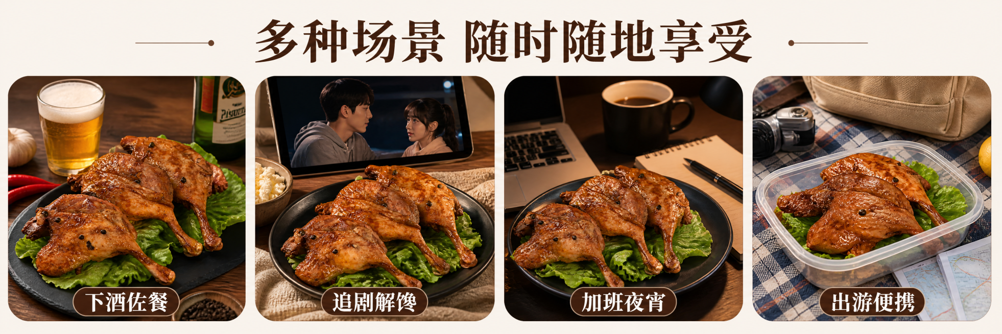 [第5屏] 食用场景展示，2×2圆角拼图，四个场景：下酒佐餐/追剧解馋/加班夜宵/出游便携，每个场景放入图2鸭腿保留外观，配对应道具。顶部标题「多种场景 随时随地享受」，底色#f5f0eb，深棕字体。预览效果