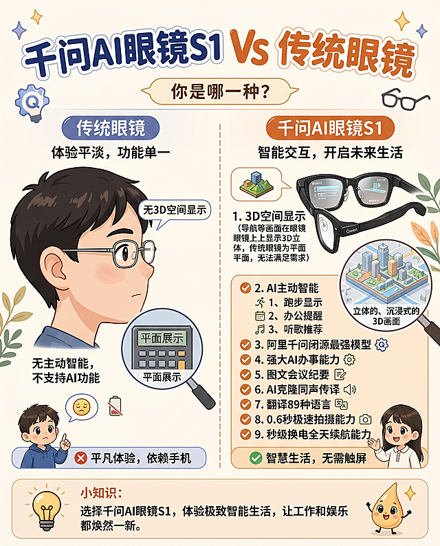 参考提供的第一张对比信息图版式，1:1还原左右对比结构风格，生成千问AI眼镜S1的卖点对比信息图，标题为"千问AI眼镜S1 Vs 传统眼镜"，左侧为传统眼镜：无3D空间显示，平面展示，无主动智能，不支持AI功能；右侧为千问AI眼镜S1，卖点按照优先级排序：1. 3D空间显示（导航等画面在眼镜上显示3D立体，传统眼镜为平面，无法满足需求） 2. AI主动智能：包含1、跑步显示 2、办公提醒 3、听歌推荐 3. 阿里千问闭源最强模型 4. 强大AI办事能力 5. 图文会议纪要 6. AI克隆同声传译 7. 翻译89种语言  8. 0.6秒极速拍摄能力 9. 秒级换电全天续航能力，首图将千问AI眼镜S1产品抠图放入对应坑位，保持整体卡通科普风格，文字准确清晰
