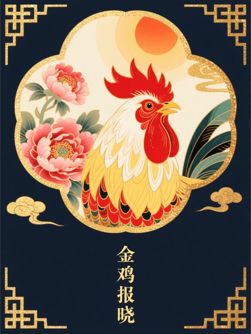 中国传统木版年画风格，拟人化鸡冠羽华丽引颈啼，背景牡丹与旭日，四角祥云金鸡纹，底部竖排“金鸡报晓”，工笔重彩，火红配明黄，金粉勾边，富贵寓意预览效果