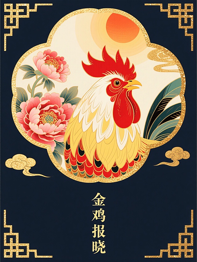 工笔风金鸡报晓，国潮元素融合，鎏金装饰增添喜庆感，展现中式美感。