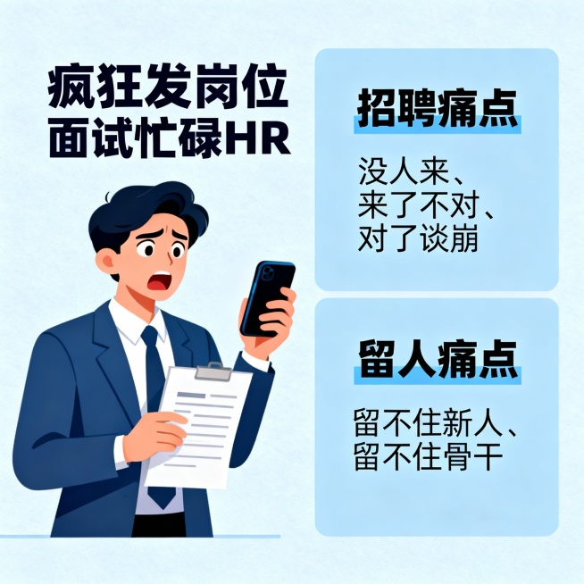很多HR陷入“疯狂发岗位、疯狂面试、疯狂流失”的恶性循环，却没静下心分析核心问题。其实中小企业的人力困局，根源往往在这3点：
招聘痛点：“没人来、来了不对、对了谈崩”的三重困境
留人痛点：“留不住新人预览效果