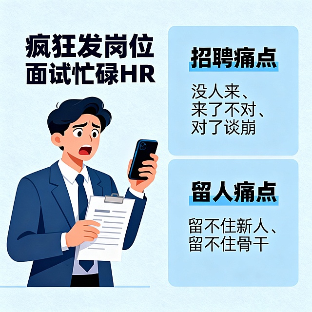 很多HR陷入“疯狂发岗位、疯狂面试、疯狂流失”的恶性循环，却没静下心分析核心问题。其实中小企业的人力困局，根源往往在这3点：
招聘痛点：“没人来、来了不对、对了谈崩”的三重困境
留人痛点：“留不住新人、留不住骨干”的双重焦虑