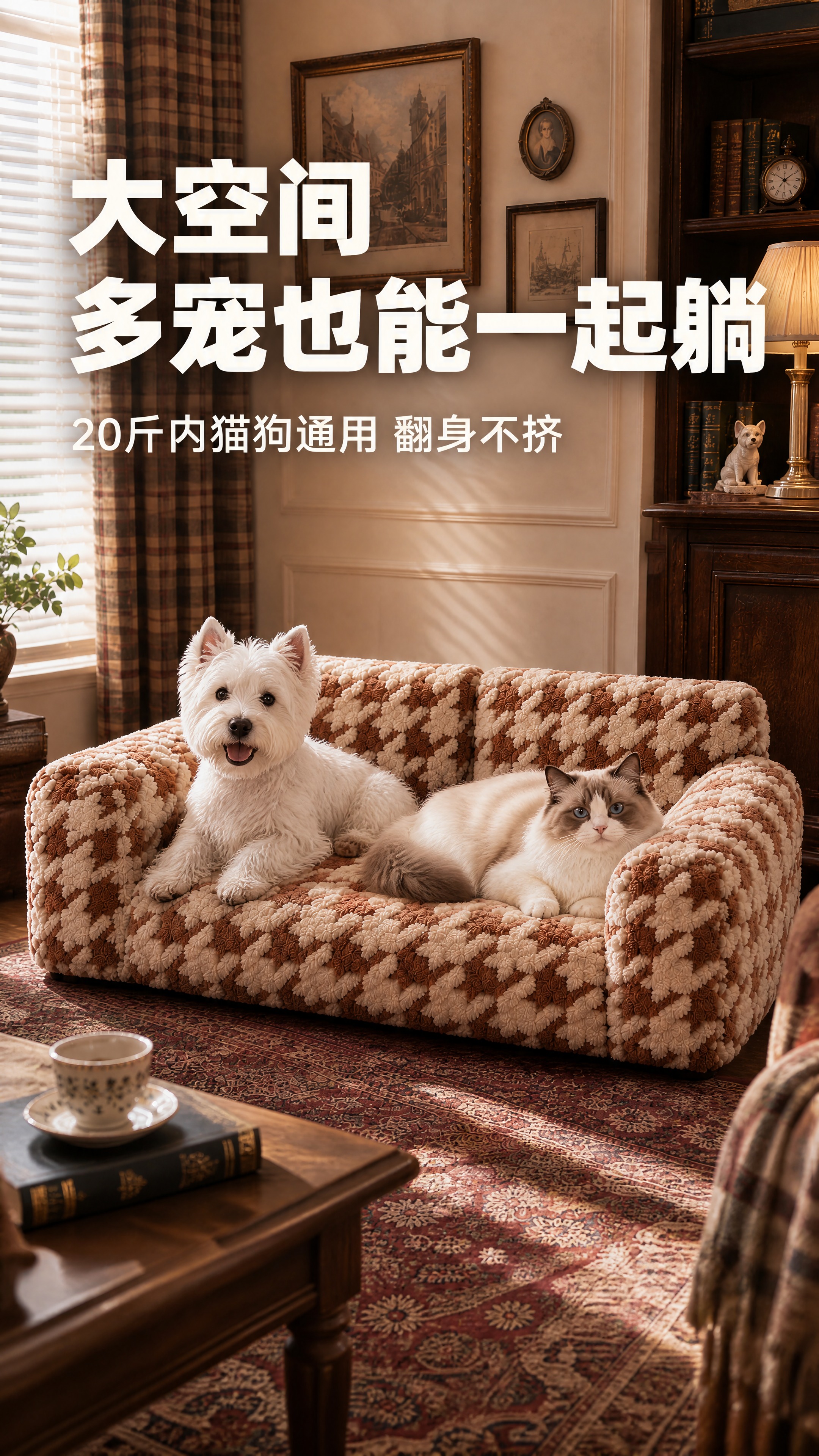 [商品] 使用【图3】焦糖棕千鸟格提花宠物沙发；保留双靠背枕、… - 图片创意预览