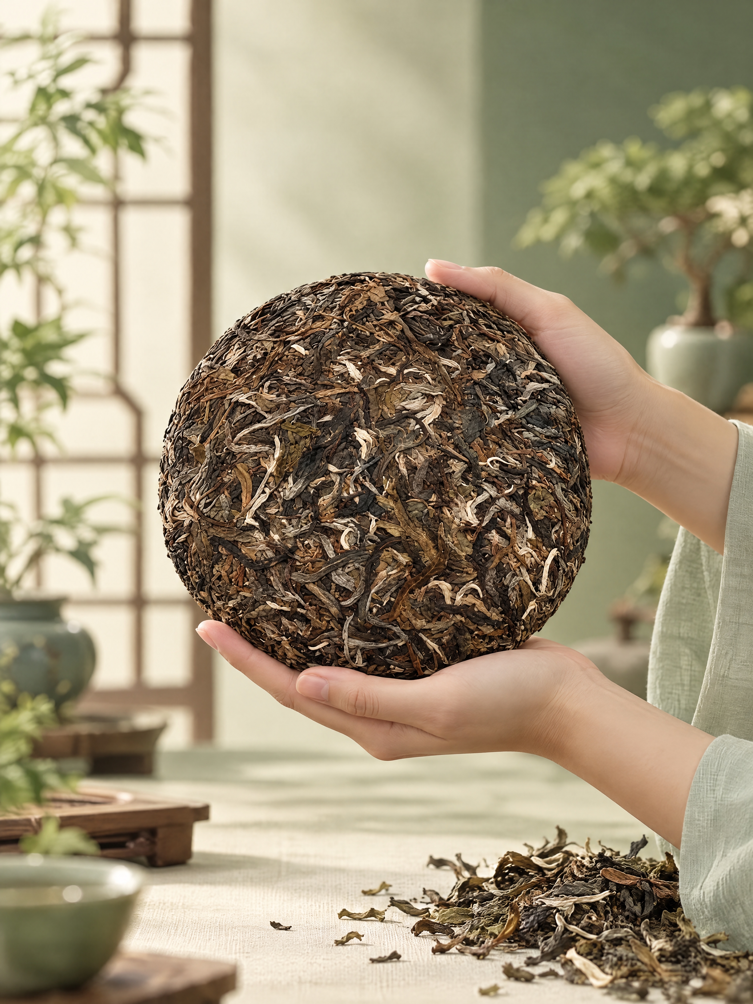 两只手捧着一饼普洱茶生茶，茶饼为裸露的紧压茶叶形态，可见清晰的… - 图片创意预览