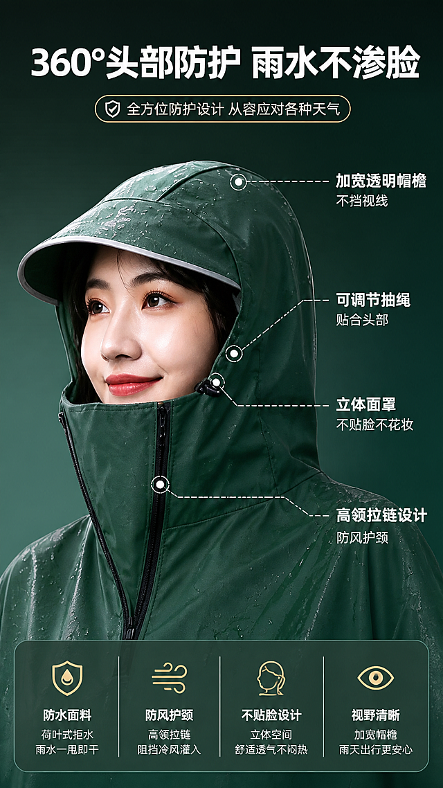 [商品] 使用【图1】墨绿色雨衣上半部分；保留连帽、帽檐、高领拉链、抽绳、面部结构。
[画面] 目标：结构解析上半部分，突出头部防护设计。构图：上大下小，上半部分放大展示头部区域占70%，下半部分文字说明。背景：深墨绿色渐变背景，突出头部细节。阅读动线：从上到下，先看细节再看文字。景别：近景特写头部和肩部。
[视觉] 套系策略：风格=高级商业摄影风，简约通透有质感；标题字=粗黑体，现代无衬线；正文字=常规黑体，清晰易读；主色=墨绿色；背景延展=深墨绿到浅绿渐变，细腻质感；强调色=白色+浅金色；标题色=白色；正文色=浅灰白色；组件=白色细线引线、圆角信息卡、功能图标；光影=侧光打亮帽檐和拉链，突出立体感和防水面料光泽。
[文字] 顶部主标题"360°头部防护 雨水不渗脸"，引线标注4个部位："加宽透明帽檐 不挡视线"、"可调节抽绳 贴合头部"、"高领拉链设计 防风护颈"、"立体面罩 不贴脸不花妆"，文字横向排版在右侧和下方。
[规格] 图片比例9:16竖版，4K，负向提示：避免变形、错字、文字过小、颜色改变、面部失真、水印。