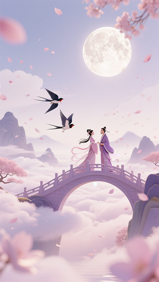 梦幻古典插画风，情侣桥上相依，满月映衬浪漫超现实景象。