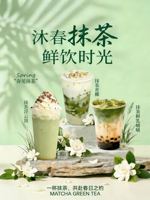 视频丝滑过渡，智能补帧，MG动画效果：先展示空场景，产品依次滑入出现在对应位置，最后文字从上方和下方依次缓缓浮现入场，整体清新自然，春日抹茶饮品展示，光影柔和晃动。预览效果