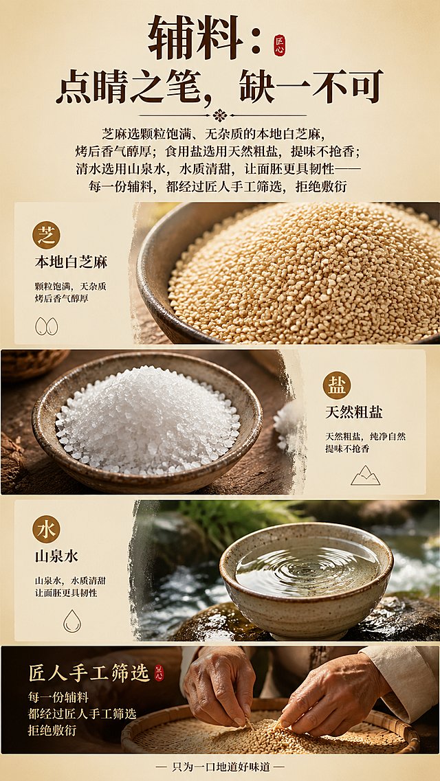 9:16竖版H5辅料介绍页，主标题："辅料：点睛之笔，缺一不可"，正文内容："芝麻选颗粒饱满、无杂质的本地白芝麻，烤后香气醇厚；食用盐选用天然粗盐，提味不抢香；清水选用山泉水，水质清甜，让面胚更具韧性——每一份辅料，都经过匠人手工筛选，拒绝敷衍"，画面分区域呈现：颗粒分明的白芝麻特写、天然粗盐、盛在陶瓷碗里的山泉水，添加匠人局部手部筛选芝麻的特写，暖柔色调，凸显手工筛选的匠人质感，排版整齐清晰