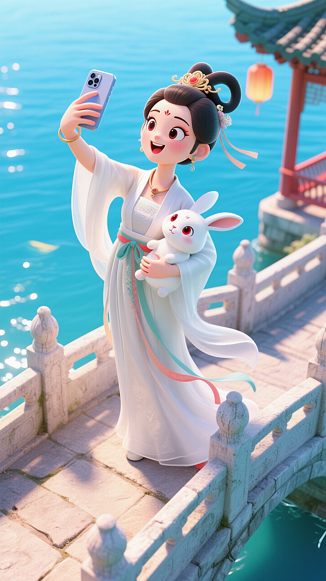 中式卡通3D风，拟人兔子伴佳人，梦幻甜美自拍桥畔。
