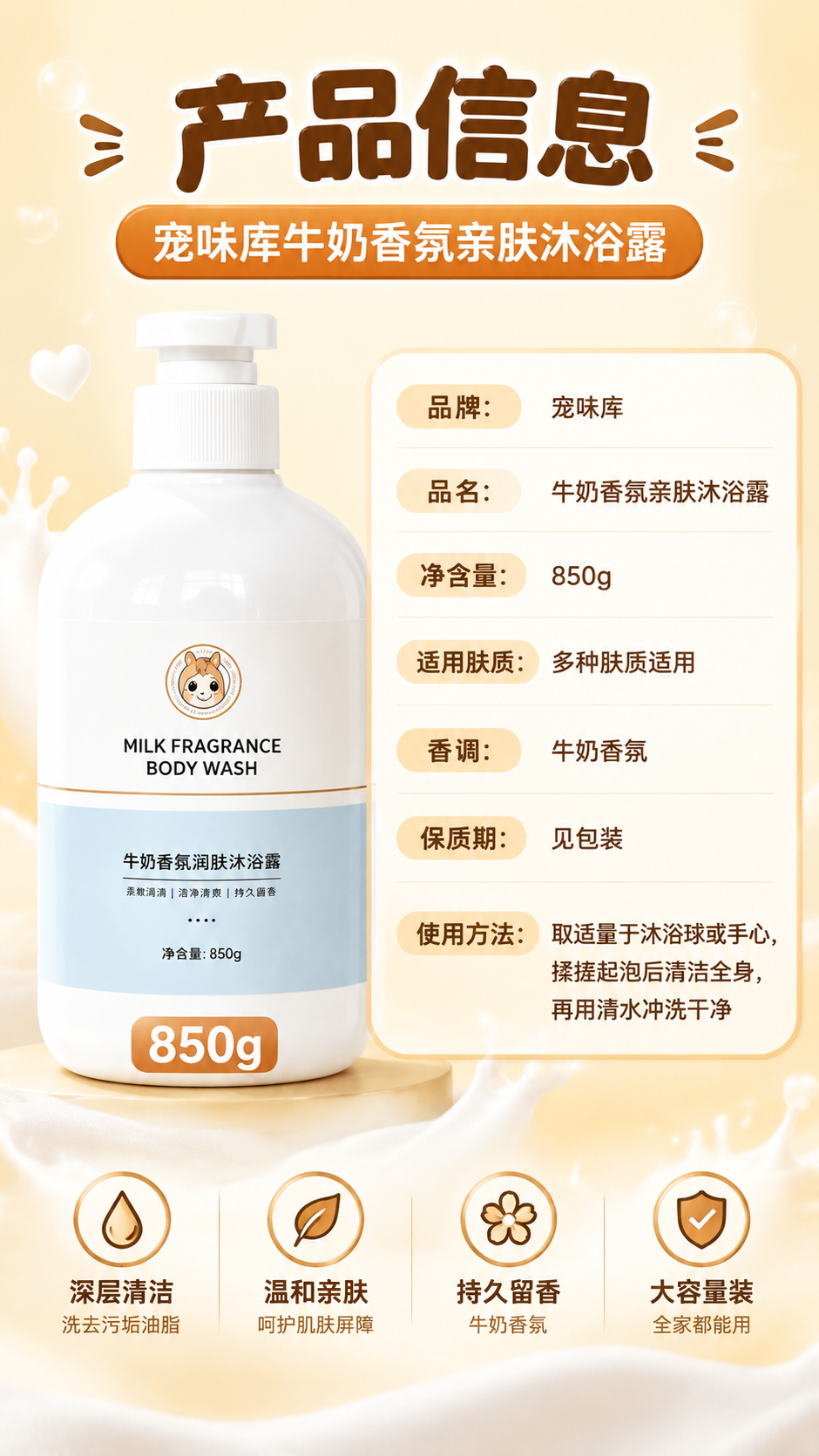 [商品] 使用【图1】宠味库牛奶香氛润肤沐浴露，850g白色圆… - 图片创意预览