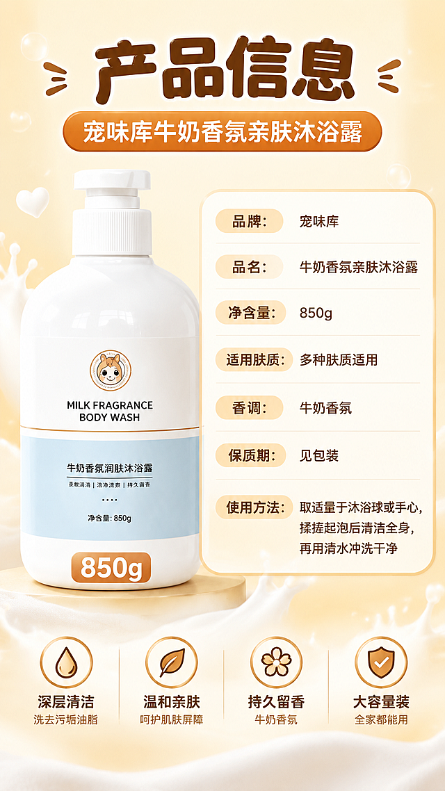 [商品] 使用【图1】宠味库牛奶香氛润肤沐浴露，850g白色圆瓶按压泵设计；保留瓶身结构、颜色、Logo、标签文字、卡通小狗头像、浅蓝白配色标签；真实功能方向为身体清洁沐浴。
[画面] 页面目标：产品信息规格页，左物右表布局，作为详情页收尾。左侧产品标准正面照，占画面45%；右侧参数信息表，清晰列出产品各项信息。背景为浅奶白色渐变，简洁干净，突出信息可读性。
[视觉] 套系策略：风格=拼多多暖系治愈商业摄影风，高饱和度强转化；标题字=粗黑圆润大字，醒目有冲击力；正文字=简洁无衬线中黑体，手机端清晰可读；主色=暖奶黄+奶白色；背景延展=基于暖奶黄做深浅渐变、光晕放射和牛奶/奶泡质感层次；强调色=暖橘棕色，仅用于小面积标签、icon边框、价格标和重点高亮；标题色=深棕咖色；正文色=中暖棕色；组件=圆角白底信息卡、圆形利益icon、粗描边标签；光影=左前侧暖柔光，产品带柔和投影。
[文字] 顶部主标题「产品信息」，副标题「宠味库牛奶香氛亲肤沐浴露」；右侧参数表分行列出：「品牌：宠味库」「品名：牛奶香氛亲肤沐浴露」「净含量：850g」「适用肤质：多种肤质适用」「香调：牛奶香氛」「保质期：见包装」「使用方法：取适量于沐浴球或手心，揉搓起泡后清洁全身，再用清水冲洗干净」；文字均为横排，字号保证手机端清晰可读。
[规格] 图片比例9:16竖版，4K分辨率，拼多多平台适配；避免变形、错字、文字过小、冷蓝背景、产品颜色改变、极限词、医疗功效宣称。