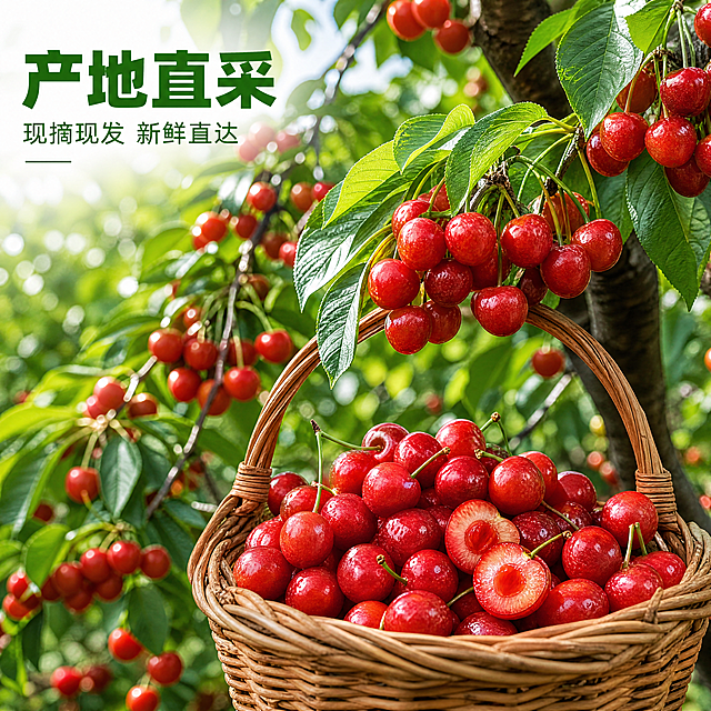 [主图-7] 陕西樱桃果园产地环境展示
[氛围风格] 原生态果园，自然新鲜，源头直采信任感
[画质] 商业摄影质感、光线柔和通透、产品清晰真实、画面干净高级
[元素] 翠绿樱桃树枝挂满沉甸甸红亮萨米脱大樱桃，挂枝新鲜采摘状态，前景摆放采摘篮装满樱桃，保持大樱桃外观与输入产品图一致，杜绝变形色差，商品主体占比70%，画面满屏无边框
[光影] 自然阳光下，通透清新，展现果园生机勃勃状态
[配色] 翠绿树叶搭配鲜红樱桃，自然清新配色
[视角构图] 中景取景，景深适中，背景果树虚化
[文字版式] 左上角大字「产地直采」绿色粗体，下方小字「现摘现发 新鲜直达」，清晰不遮挡果树主体
[比例分辨率] 1:1比例，4k分辨率，文字清晰锐利，画面超高清
[负向提示词] 变形，水印，文字错乱，产品图模糊，背景杂乱