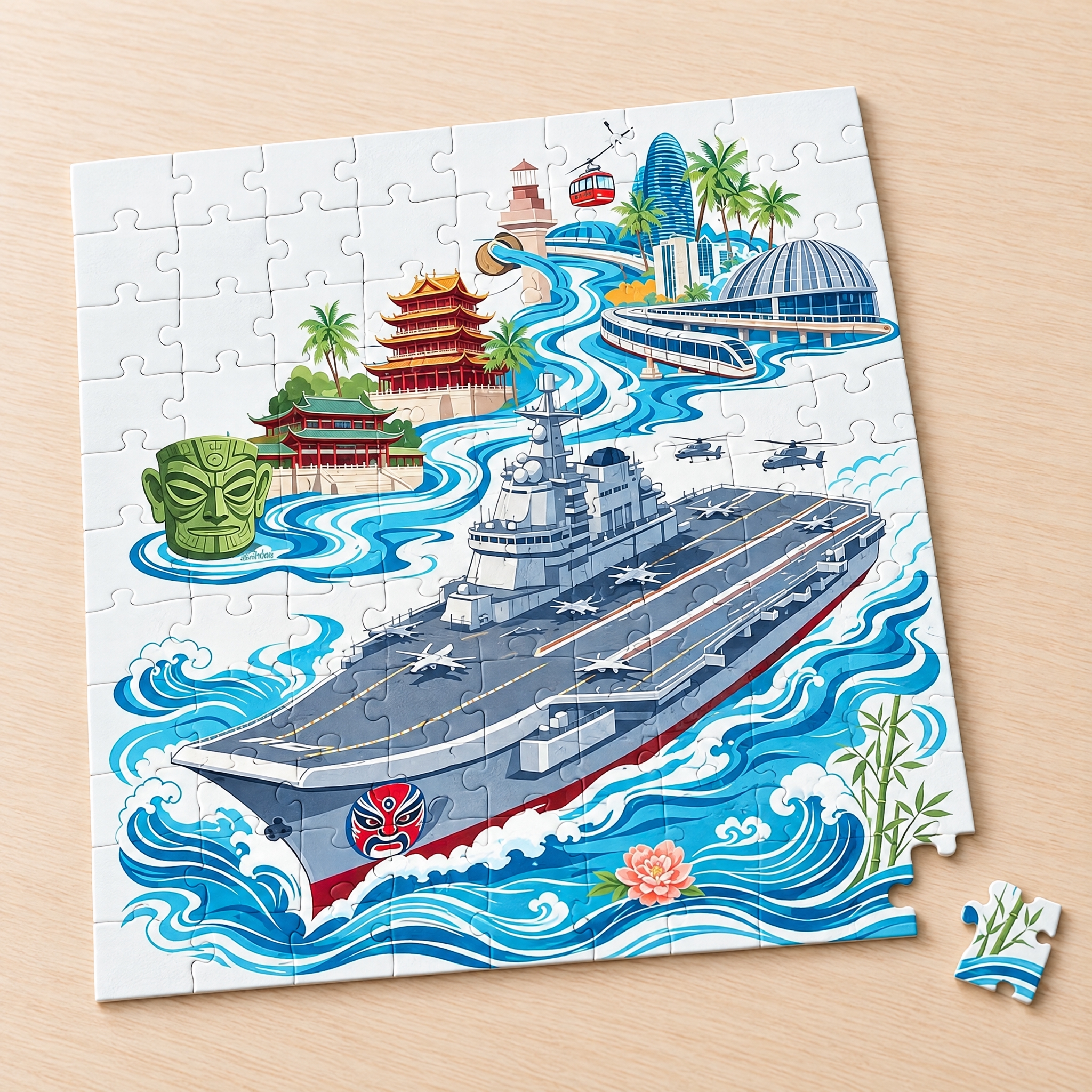 将这张插画做成一副方形拼图。拼图已基本拼装完成、平铺在浅色木桌… - 图片创意预览