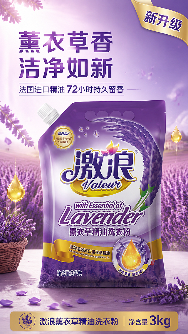 [第1屏] 详情页头图主视觉-激浪薰衣草精油洗衣粉3kg新品宣传海报。本屏使用【图1】正面包装作为商品主体。
[氛围/风格] 清新浪漫薰衣草紫调，温馨家居氛围，商业摄影质感，抖音/快手竖版海报风。
[元素布局] 洗衣粉袋置于画面中央偏右，占比约60%-65%，正面朝向观众，包装完整清晰；左侧及背景为薰衣草花田场景，紫色薰衣草花束飘散，金色精油滴悬浮点缀；底部为柔和的浅紫色渐变台面，散落几片薰衣草花瓣；产品物理结构、紫色包装、激浪logo、薰衣草图案、3kg净含量与输入产品图完全一致。
[光影质感] 左上方柔和自然光，右侧辅光补亮，产品底部自然投影，整体通透明亮，薰衣草紫色调柔和梦幻。
[配色色系] 全局底色 #8B5FBF 薰衣草紫渐变；主色深紫+金黄；辅助色浅紫、白色、绿色薰衣草叶。
[视角构图] 正面微仰视，产品为视觉中心，阅读动线左上标题 → 中部产品 → 底部信息条。
[文字版式] 左上标题区，主标题「薰衣草香 洁净如新」大字号黑体，副标题「法国进口精油 72小时持久留香」中号字；底部金色信息条写「激浪薰衣草精油洗衣粉 净含量3kg」；右上角角标「新升级」；文字不遮挡产品主体，清晰可读。
[比例分辨率] 9:16竖版比例，4K分辨率，文字清晰可辨，高清画质。
[负向提示词] 包装变形，文字错乱，颜色偏差，缺件错件，水印，产品模糊，背景杂乱，文字过小。