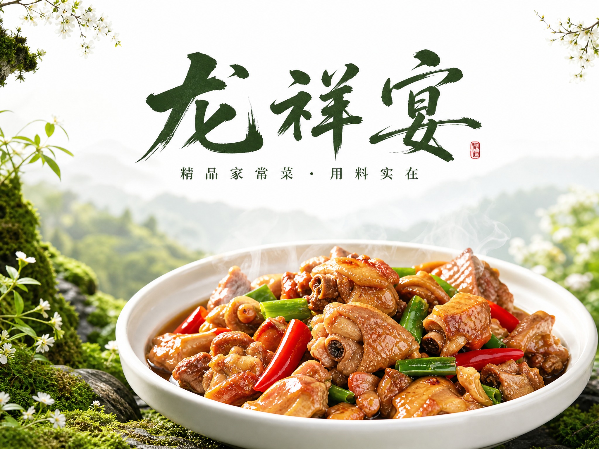 餐饮商业海报，画面下半部分摆放冒着淡淡热气的大碗炒鸡，背景清新… - 图片创意预览