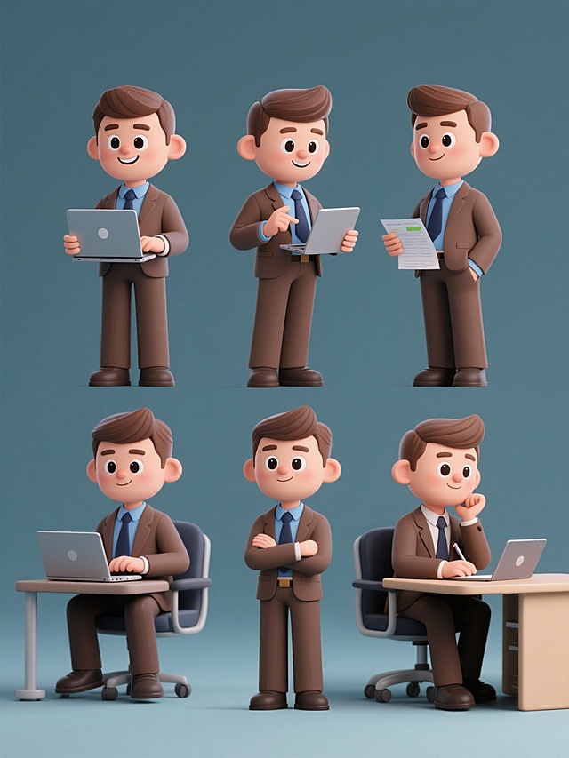 6个不同造型的3D卡通风格职场男性角色系列素材集合，均保持棕色西装、蓝色衬衫、深色领带的着装风格，规整排布于纯色背景上。每个角色展现完全不同的工作状态：1.站立双手持笔记本电脑微笑展示；2.坐姿专注打字；3.站立单手插兜另手持文件交谈；4.俯身查看平板电脑数据；5.站立双手交叉胸前思考；6.单手托腮坐于办公桌前记录笔记。所有角色保持圆润可爱的面部特征、明亮有神的大眼睛、棕色短发的统一造型，柔和光影渲染，整体画面协调统一且富有工作场景多样性。