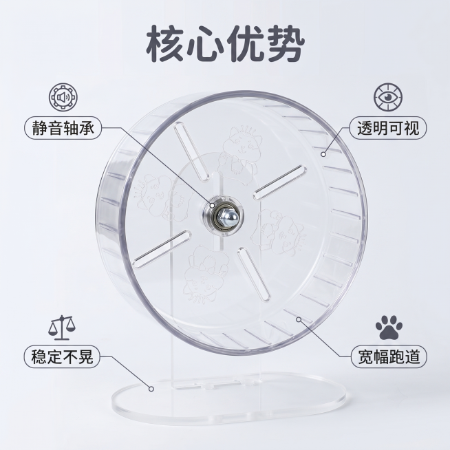 [主图-2] 仓鼠跑轮核心卖点功能展示图。
[氛围风格] 清晰干净专业展示风。
[画质] 商业摄影质感，产品清晰真实，画面干净高级。
[元素] 仓鼠静音跑轮整体居中放置，跑轮轴心结构和支架完整展示。保预览效果