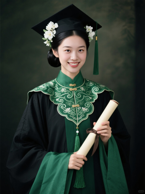 正面照，黑色古风低垂发髻，内衬宽袖绿色汉服，穿戴学士服学士帽，戴绿色刺绣流苏云肩，学士帽两边都簪了白色的花，手上拿了一个卷轴，人物自然微笑，背景深色质感预览效果