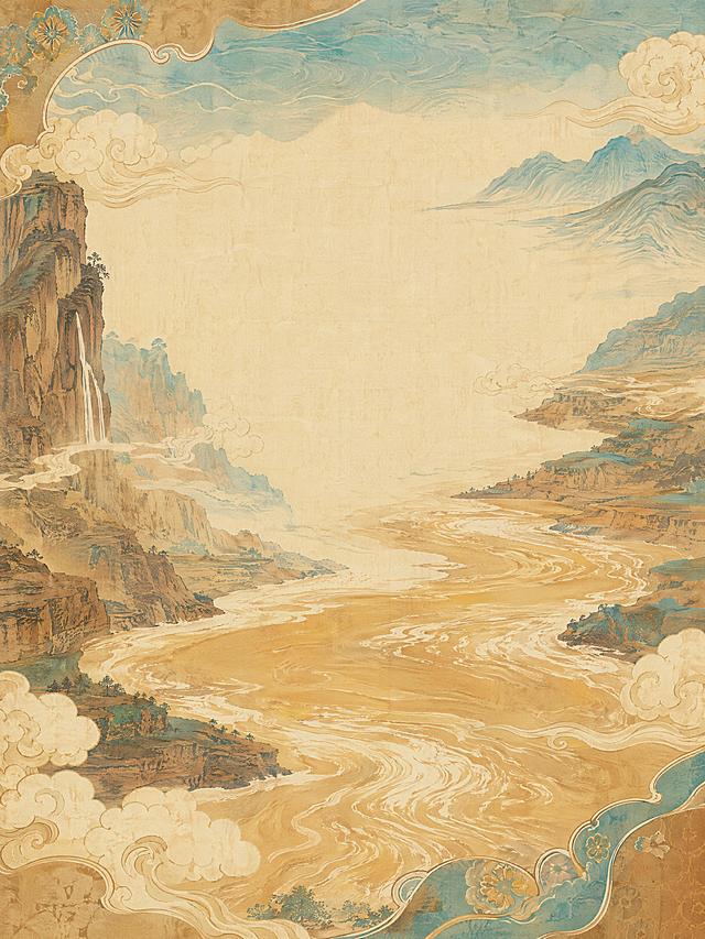 基于原图黄河卷轴风格，重新创作一张不同构图的空白子封面，保持整体文化自然风格，保留黄土黄与天青色的配色，A4大小3:4比例，无文字，保留黄河山水和传统装饰元素，构图和元素排布与原图不同，超高清画质