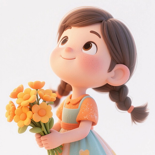 双马尾女孩手捧花束送给妈妈，仰头，粘土风