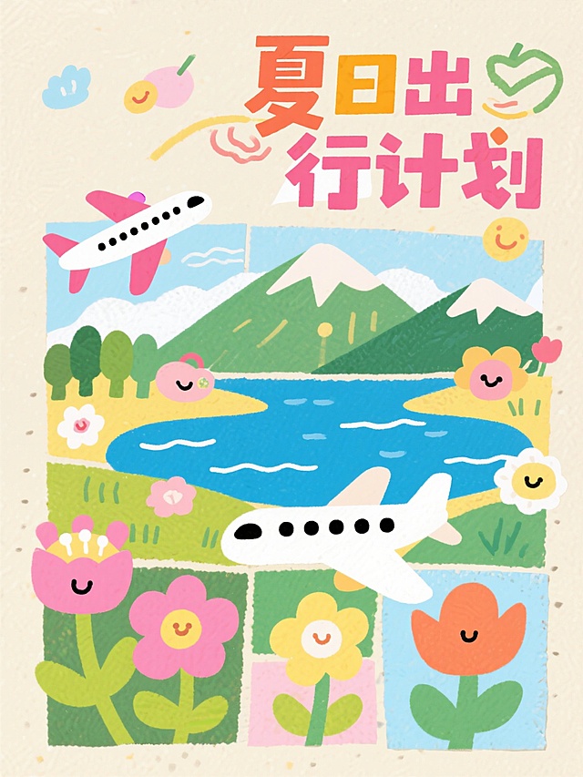 拼贴风，飞机、山脉、湖泊、花朵等，色彩丰富，点缀可爱元素每个元素都经过精心挑选和设计，艺术字标题“夏日出行计划”，米色背景