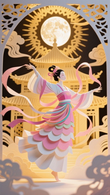 纸雕风格的嫦娥起舞画面，嫦娥裙摆以多层粉白剪纸表现旋转的动态感，手中挥舞着丝带纸雕，背景是镂空纸雕的月宫宫殿，宫殿顶部有圆月纸雕，周围环绕金色纸雕光芒，整体仙气十足预览效果