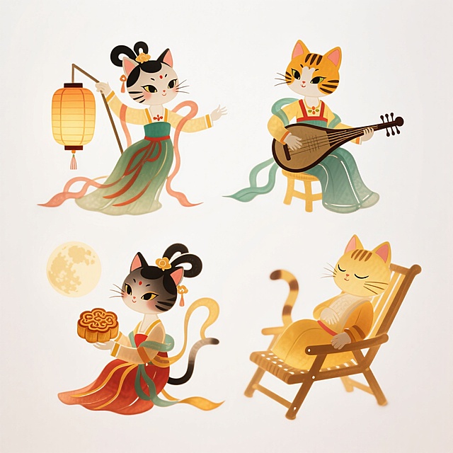 4个明亮的彩色拟人化猫咪版嫦娥素材（2X2规整排布），带有不同动作：1、提灯笼，2、弹古筝，3、吃月饼赏月，4、摇椅上闭目养神。纯白色背景