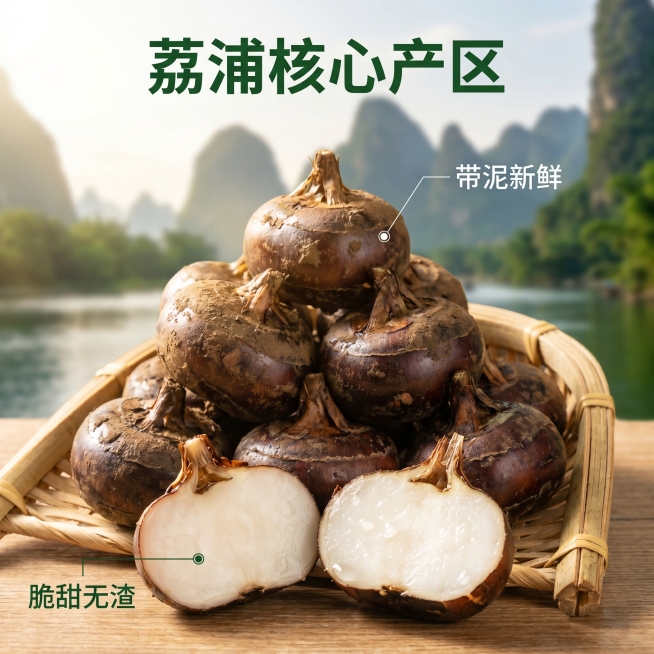 [主图 2] 荔浦马蹄核心卖点产地溯源图。
[氛围风格] 自然阳光真实食欲风，保持与整套主图风格光影统一
[画质] 商业摄影质感、光线柔和通透、产品清晰真实、画面干净高级
[元素] 竹编簸箕中堆叠新鲜预览效果