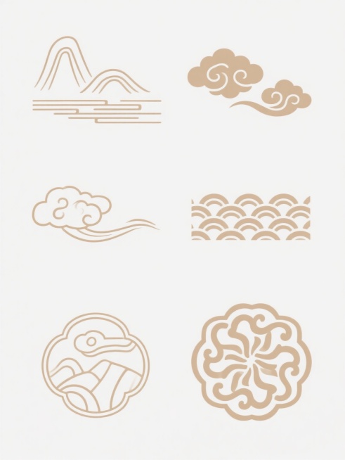 六个不同样式的国风元素，白色背景，排列整齐，浅棕色线条勾勒，包含远山、祥云、波浪纹等传统纹样，线条流畅简洁，具有古典韵味，整体呈现出雅致的东方美学风格。预览效果
