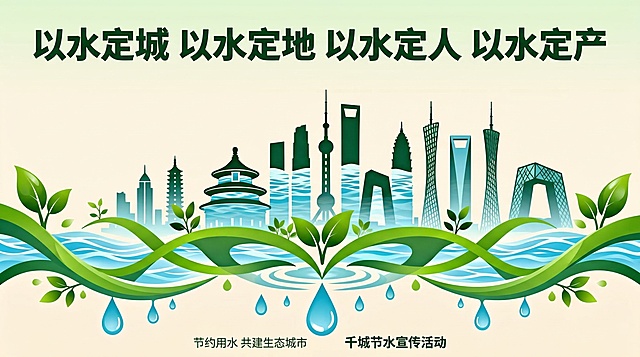 清新感插画风设计，扁平化城市剪影与水波绿叶交织，展现节水主题。简约主义构图，水彩质感点缀，传递生态环保理念。