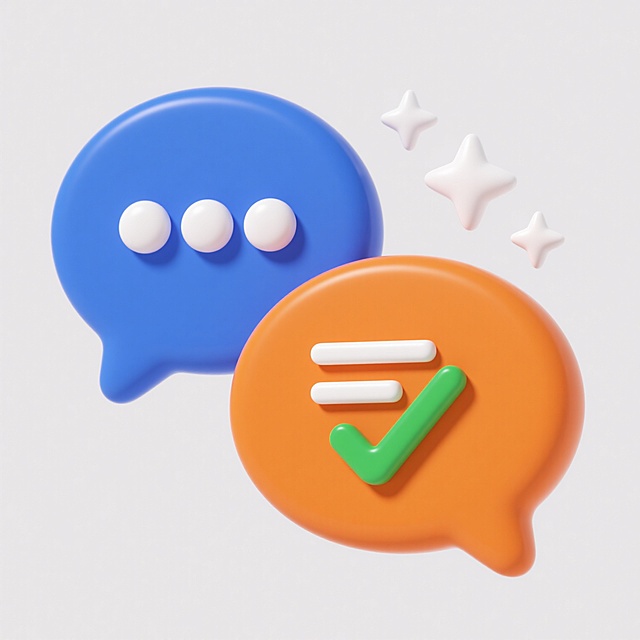 3D立体风格图标，两个对话气泡，左侧为蓝色气泡，内部有三个白色圆点，右侧为橙色气泡，内部有三条白色横线和一个绿色对勾，右上角有几颗白色星形装饰，整体置于纯白色背景上，色彩鲜明，光影柔和，边缘圆润，具有卡通化的现代设计感，简洁明快的视觉效果。