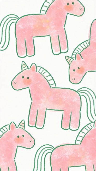 灵魂画手，简笔手绘线稿，绘本简约，绿色色线勾勒，有食欲，抽象，艺术，高级，大写意，极简风格，几只卡通可爱小马，矢量弥散，完美线条，粉色为主色调，磨砂肌理，朦胧感，非写实，色彩饱满，笔触细腻，手稿，大师预览效果