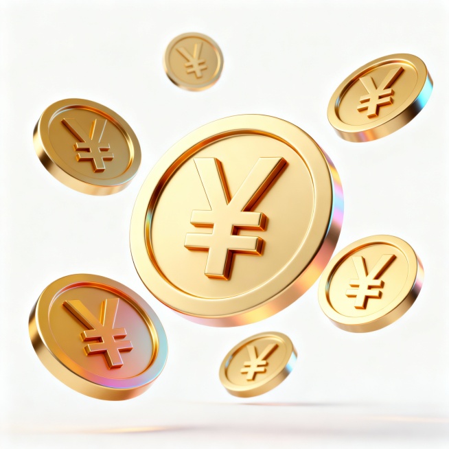 生成空中漂浮的多个现代化的3D金币图标，采用金属质感风格，金币上带有人民币标志，色调为金色，带有柔和的渐变和微妙的高光，背景为纯白色，未来感且时尚的设计，带有科技感美学预览效果