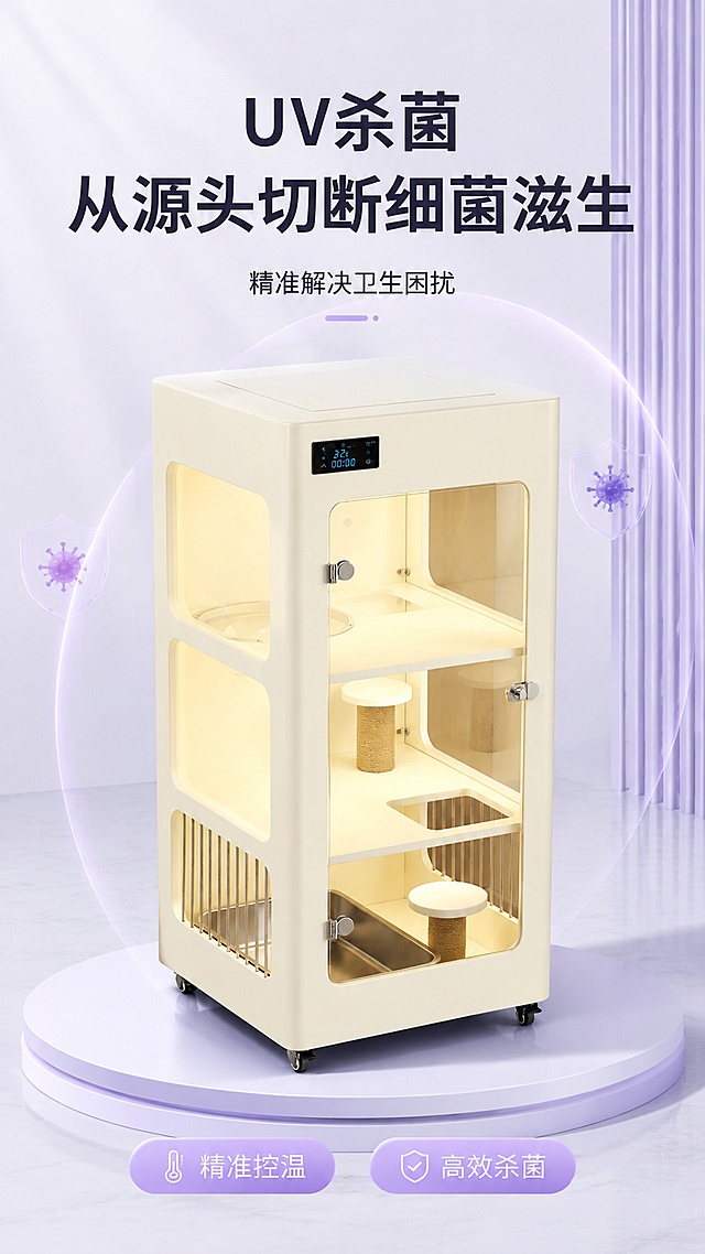 「图片1」「图片1」UV杀菌系统
页面核心：UV灯特写 + 浅紫色全覆盖杀菌范围示意图
主题：UV杀菌｜从源头切断细菌滋生   做一张电商详情页+加上灯 的特写