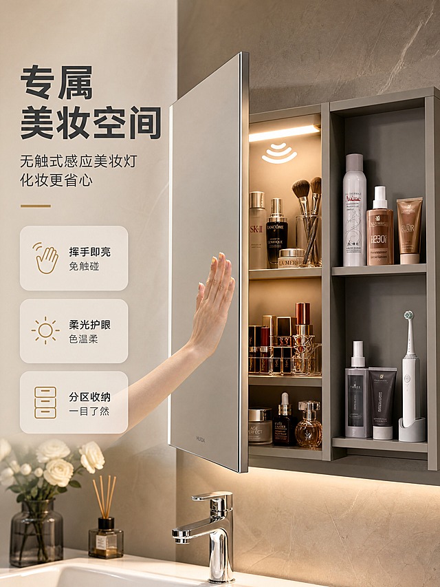 [商品] 使用【图1】惠达卫浴浴室柜 HFL0705-8156NC-XK；重点展示镜柜部分，保留镜门、右侧开放式格架、内部层板结构，保留柜体颜色与材质；商品处理：镜门呈半开状态展示内部美妆收纳空间，内部摆放护肤品、口红、美妆刷等女士用品，感应美妆灯发出柔和暖光；增强灯光氛围感，不改变产品原有结构与颜色。
[画面] 目标：突出女士专属美妆空间与无触式感应美妆灯功能；左文右图型，左侧约1/3为文案区，右侧为镜柜近景特写；产品占画面约60%，镜柜半开角度，聚焦内部收纳与灯光效果；前景为台盆边缘，中景为镜柜内部美妆用品与感应灯光，后景为浴室墙面虚化；一只女性手部在镜前做挥手感应动作，演示无触式开灯功能。
[视觉] 套系策略：风格=现代轻奢高级商业卫浴摄影；标题字=现代无衬线粗黑体；正文字=简洁无衬线体；主色=浅灰卡其+高级灰；背景延展=基于浅灰卡其做深浅层级、同色渐变和细腻石材/瓷砖质感；强调色=香槟金，仅用于小面积图标、引线和标签；标题色=深炭灰；正文色=中暖灰；组件=圆角浅底信息卡、细线引线、香槟金icon；光影=左前侧暖柔光 + 镜柜内部美妆灯暖光氛围，釉面与金属有自然高光。
[文字] 左侧文案区：主标题「专属美妆空间」（8字），副标题「无触式感应美妆灯 化妆更省心」（14字），下方3个信息点带icon：「挥手即亮 免触碰」「柔光护眼色温柔」「分区收纳 一目了然」；文字不遮挡镜柜内部展示。
[规格] 图片比例3:4竖版，4K分辨率，抖音电商适配，中文文案，避免变形、错字、文字过小、冷蓝背景、产品颜色改变、结构失真、极限词。