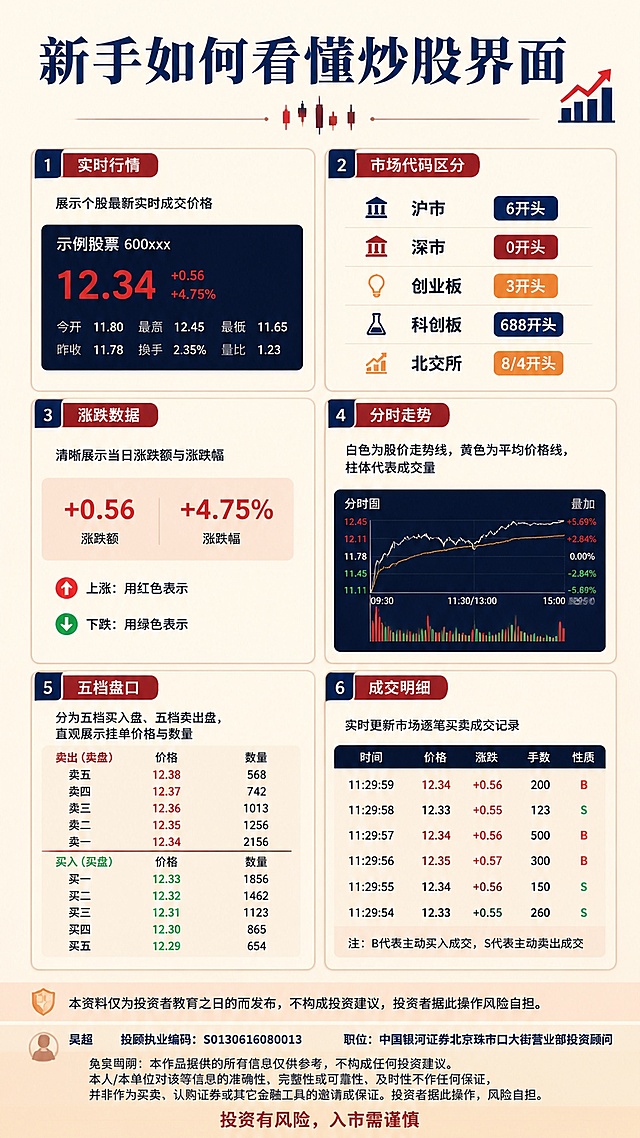 整体统一风格：
整套 4 张金融证券投资者教育图文海报，简约商务投教风，浅米黄色柔和底色，排版工整干净，分区清晰，字体正式大气，搭配简约金融小图标，配色以藏青、暗红、浅橙为主，无花哨图案，无广告营销、无个股推荐，每张底部统一加上合规风险提示语，整体风格统一协调，适合股市新手学习使用。
第一张
海报标题：新手如何看懂炒股界面
排版分区内容：
1. 实时行情：展示个股最新实时成交价格
2. 市场代码区分：沪市 6 开头、深市 0 开头、创业板 3 开头、科创板 688 开头、北交所 8/4 开头
3. 涨跌数据：清晰展示当日涨跌额与涨跌幅
4. 分时走势：白色为股价走势线，黄色为平均价格线，柱体代表成交量
5. 五档盘口：分为五档买入盘、五档卖出盘，直观展示挂单价格与数量
6. 成交明细：实时更新市场逐笔买卖成交记录
底部固定文案：本资料仅为投资者教育之目的而发布，不构成投资建议，投资者据此操作风险自担。
设计要求：分区方框排版，搭配 K 线、盘面简约小图标，版式清爽易懂
第二张
海报标题：股票盘口核心信息解读
排版分区内容：
1. 基础行情数据：包含最新价格、涨跌幅度、当日最高价、当日最低价、开盘价、总市值、流通市值、市盈率
2. 换手率：代表个股交易活跃程度，数值越高市场交易越活跃
3. 量比：对比近期平均成交量，判断当日资金交易热度
4. 成交额：市场当日所有买卖交易合计总金额
底部固定文案：本资料仅为投资者教育之目的而发布，不构成投资建议，投资者据此操作风险自担。
设计要求：简洁分区排版，文字通俗易懂，商务投教简约风格
第三张
海报标题：股市基础 K 线知识讲解
排版分区内容：
1.K 线基础认识：阳线代表上涨，阴线代表下跌，看懂实体与影线含义
2. 常用 K 线周期：分时线、日 K 线、周 K 线、月 K 线适用场景
3. 常用均线介绍：MA5、MA10、MA20 短期中期趋势参考
4. 基础趋势信号：均线金叉、死叉基础入门认知
底部固定文案：本资料仅为投资者教育之目的而发布，不构成投资建议，投资者据此操作风险自担。
设计要求：搭配简易 K 线示意图，排版简单直白，新手友好
第四张
海报标题：A 股市场基础交易规则
排版分区内容：
1. 交易时间：正常股票含盘后固定交易至 15:30，可转债 15:00 准时收盘
2. 交易规则：A 股实行 T+1 交易制度，当日买入次日方可卖出
3. 交易单位：最低交易单位为 1 手，1 手等于 100 股
4. 涨跌幅限制：区分普通股票、科创板、创业板涨跌幅规则
5. 基础交易常识：新手入市必备基础交易常识
底部固定文案：本资料仅为投资者教育之目的而发布，不构成投资建议，投资者据此操作风险自担。
设计要求：条理清晰分点排版，风格统一，简约正式投教风

每页最下面居中加入下面风险提示内容：
“吴超     投顾执业编码：S0130616080013     职位：中国银河证券北京珠市口大街营业部投资顾问    

免责声明：本作品提供的所有信息仅供参考，不构成任何投资建议。本人/本单位对该等信息的准确性、完整性或可靠性、及时性不作任何保证，并非作为买卖、认购证券或其它金融工具的邀请或保证。投资者据此操作，风险自担。
投资有风险，入市需谨慎”