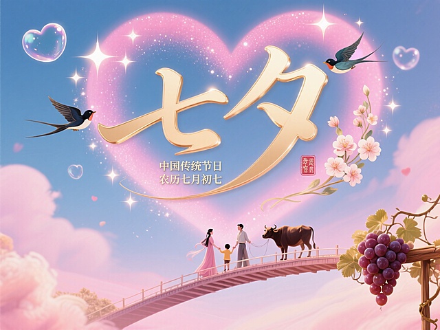 梦幻插画风，大字“七夕”闪耀，心形月亮映衬，节日浪漫温馨。