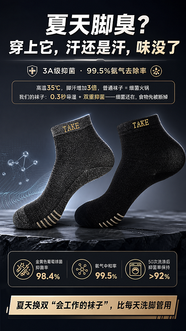 电商主图海报，展示这款抑菌防臭男士短袜，产品实物图放在中间，文案内容：主标题“夏天脚臭？穿上它，汗还是汗，味没了”，副标题“3A级抑菌 · 99.5%氨气去除率”，核心卖点“高温35℃，脚汗增加3倍，普通袜子 = 细菌火锅，我们的袜子：0.3秒导湿 + 双重抑菌——细菌还在，食物先被断掉”，技术数据“金黄色葡萄球菌抑菌率 98.4%、氨气中和率 99.5%、50次洗涤后抑菌率保持＞92%”，行动号召“夏天换双“会工作的袜子”，比每天洗脚管用”，风格简约商务，男士日用品风格，深色背景突出产品