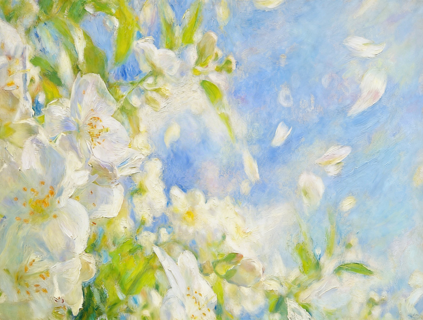 参考图二的柔和朦胧印象派油画风格，重绘图一的白色茉莉花与蓝天，保留松散笔触和清新淡彩氛围，整体画面更梦幻朦胧，增加柔焦光晕效果预览效果