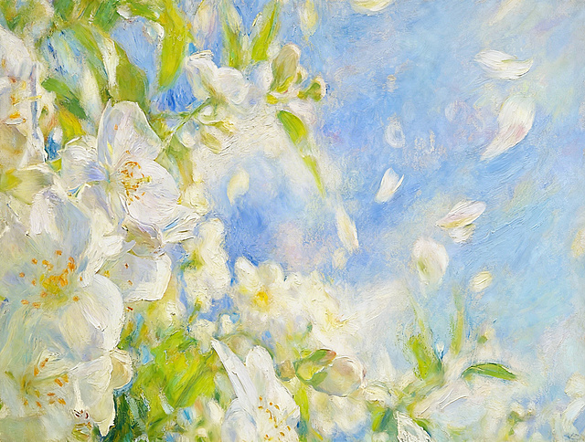 参考图二的柔和朦胧印象派油画风格，重绘图一的白色茉莉花与蓝天，保留松散笔触和清新淡彩氛围，整体画面更梦幻朦胧，增加柔焦光晕效果