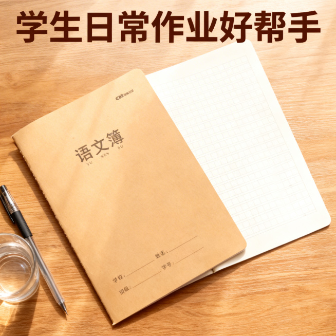 [主图 10] 学生学习场景展示
[氛围风格] 温馨真实校园氛围感
[画面元素] 商业摄影质感，光线柔和通透，产品清晰真实，画面干净高级。桌面上放置一本打开的牛皮纸作业本，旁边摆放着一支钢笔和半杯清水预览效果
