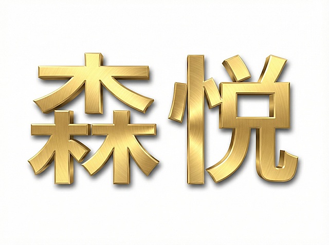 将图1森悦艺术字,设计文字金色3D金属质感表现,如范例图２金属质感，极具个性黑体字，白色背景。高清